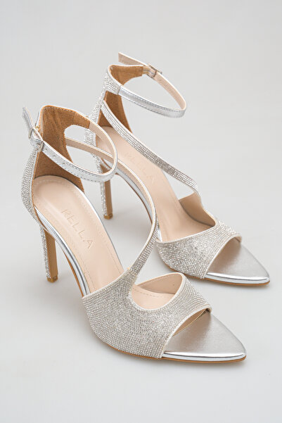 PİCCOLO Silver Stone Evening Dress Shoes, Thin Heeled, Ankle Strap, Wedding E...