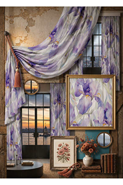 EVSEHOMES MOR ZEMİN ÇİÇEKLER VİNTAGE MODEL SALON TEK KANAT FON PERDE