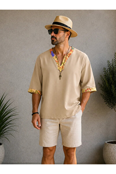 FıttingRoom Oversize Bohemian Woven Beige Tshirt