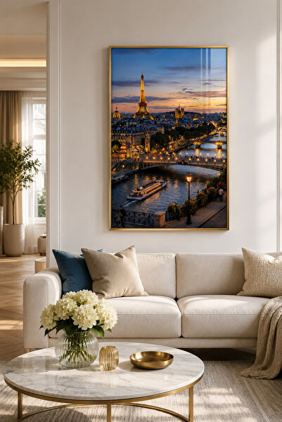 sayetablo Paris Işıkları - Gerçek Cama Baskı Gold Alüminyum Metal Çerçeveli T...