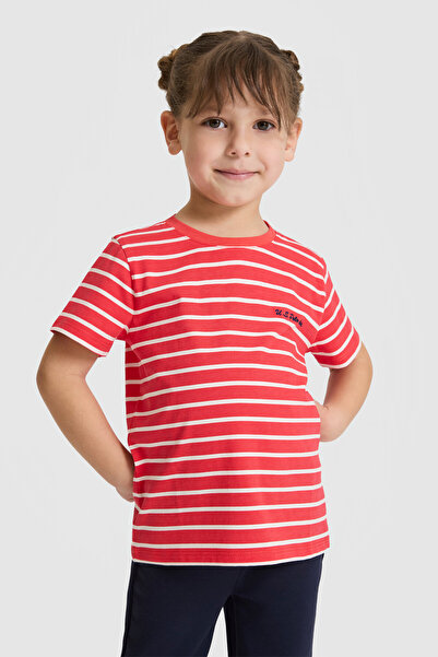 U.S. Polo Assn. Kız Çocuk Bisiklet Yaka Çizgili Kırmızı Tişört 50325678-VR213