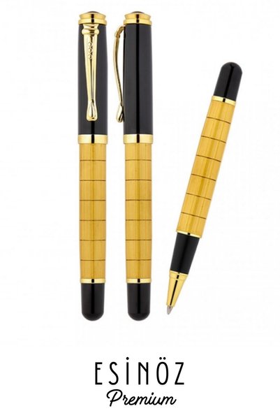 EsinÖz # Roller Striped Gold Yellow Rollerball Pen Luxury Black Cap Signature Pen Office Type Clip-On Prestigious Business and Executive Pen Gold Yellow Body Design Gift Pen