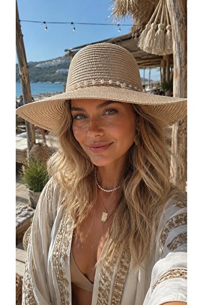 FELLMENS Beige Wide Round Straw Women's Hat with Accessory Detail