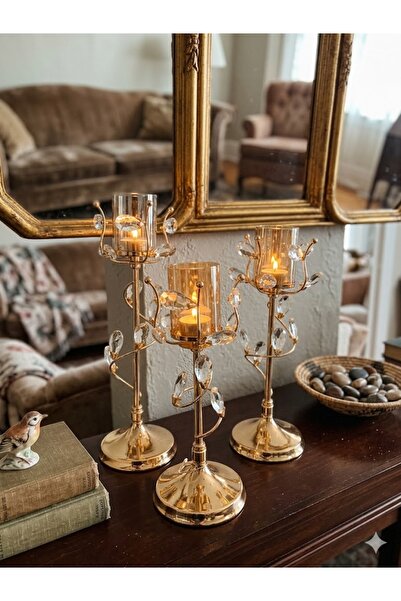 Gold Rose 3'lü Kristal Taşlı Şamdan Seti – Sarmaşık Desenli Lüks Dekoratif Mumluk Takımı 36-32-29 cm