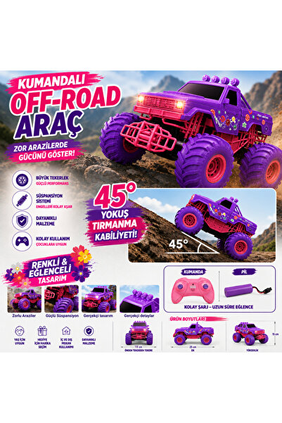 Pasifik Özel Çiçekli Tasarım Kumandalı Canavar Kamyon- OFF ROAD - Mor Arazi A...