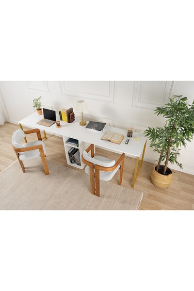 Rani Mobilya Rani Home Çalışma Masası Beyaz Gold Metal Ayaklı İki Kişilik 240...