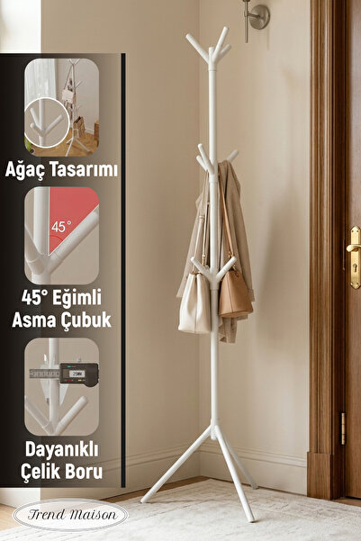 Trend Maison Modern Metal Gövdeli Ayaklı Elbise Portmanto Askılık Beyaz