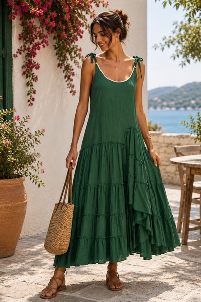 yb yağmur butik Lace Detailed Collar Strap Long Dress