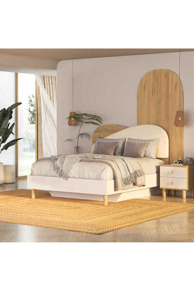 Adore Mobilya Bohem Bazalı Çift Kişilik Karyola - Florida Meşe/Vizon 171x130x...