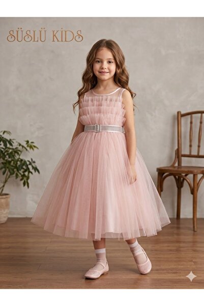 SÜSLÜ KİDS Girl's Tulle Belt Detailed Long Evening Dress/Graduation Dress/Wed...