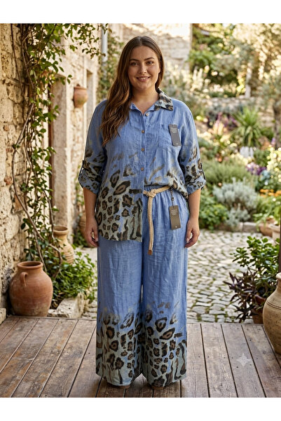 yusracollectionn Italian Linen Leopard Patterned Double Set