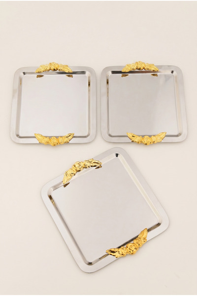 AKSESUAR EVRENİ Tores Silver 3-Piece Stainless Steel Square Coffee Presentati...