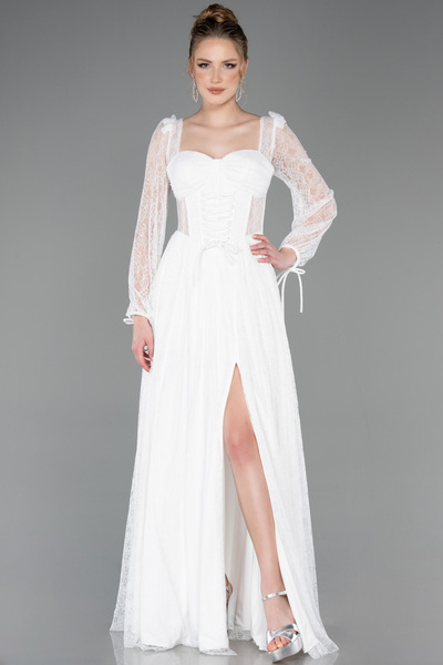 Hot Contact Long Sleeve Slit Corset Detail Lace Evening Dress 5154