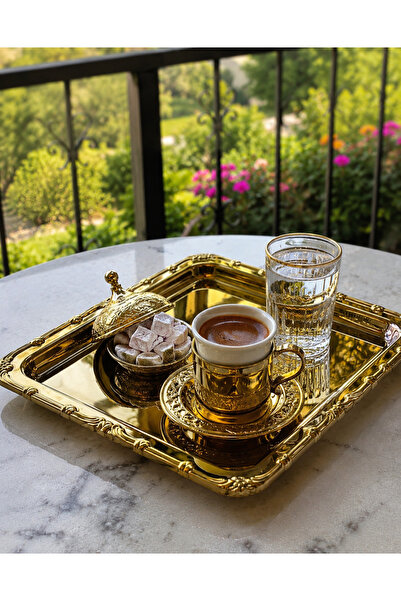 SUNVERA ÇELİK Kendinden Desenli 6'lı Gold Paslanmaz Çelik Kahve Sunum Tepsisi...