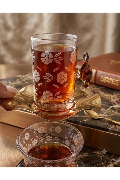 Turkish Store İstanbul Brown Rose Patterned 18-Piece Tea and Coffee Set
