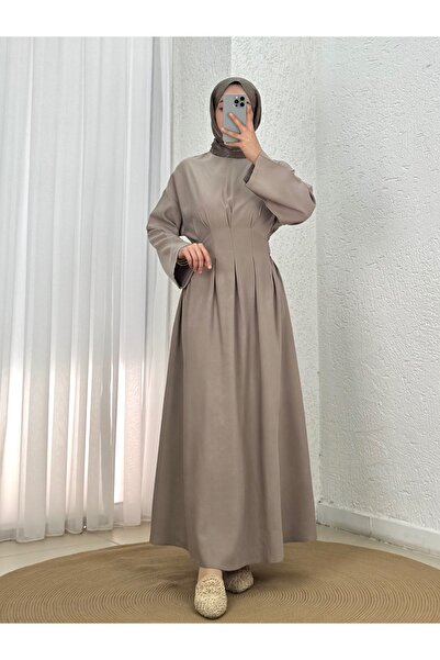 MİHRA STORE Güldan Side-Cinch Pleated Dress-En814 Mink
