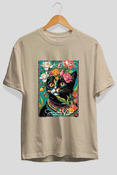 Ankhises For the Love of Cats 83 Front Cat Printed Beige Oversize T-Shirt 100...