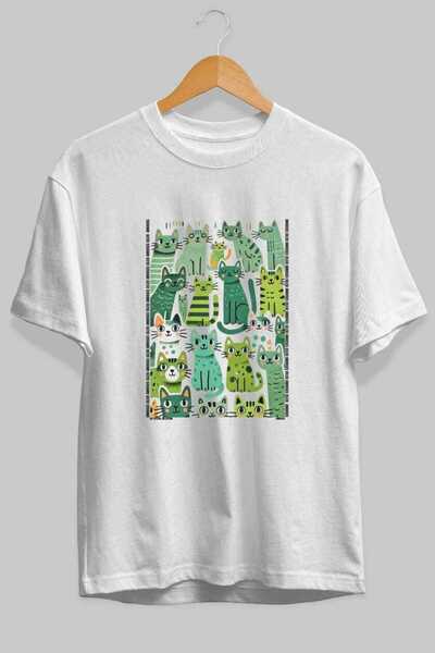 Ankhises For the Sake of Cat Love 92 Front Cat Printed White Oversize T-Shirt...