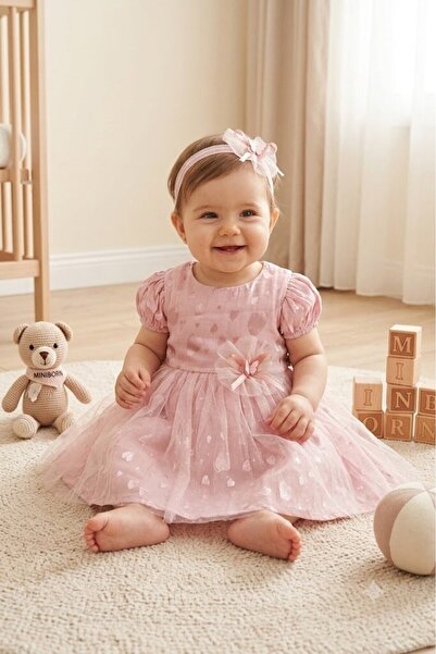 Baby Girl Heart Pattern Tulle Butterfly Detailed Birthday Dress and Bandana Set