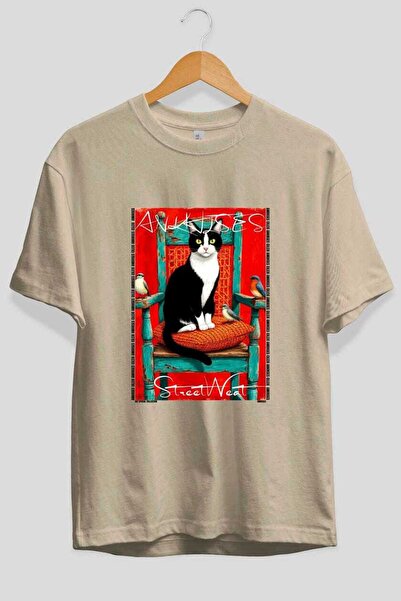 Ankhises For the Love of Cats 69 Front Cat Printed Beige Oversize T-Shirt 100...
