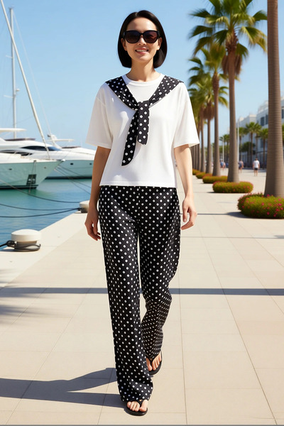 BENERLY Women's Plus Size Polka Dot Shawl Detailed Short Sleeve Crew Neck Kni...