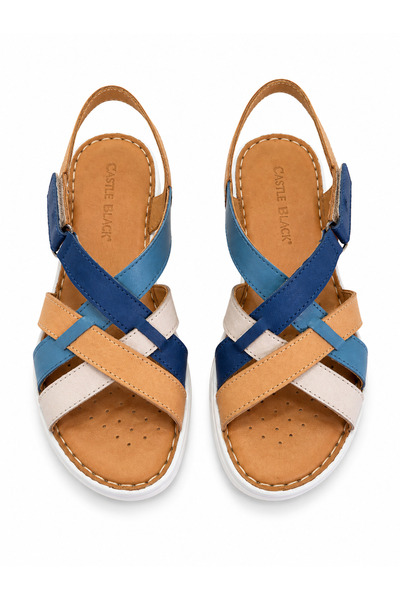 Castle Black Gardenia Beige -Blue Detailed- Genuine Leather Women's Sandals