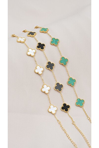 Zuum Accessories 14K , Gold Renginde Siyah Taşlı Yonca Bileklik , Çelik Bileklik