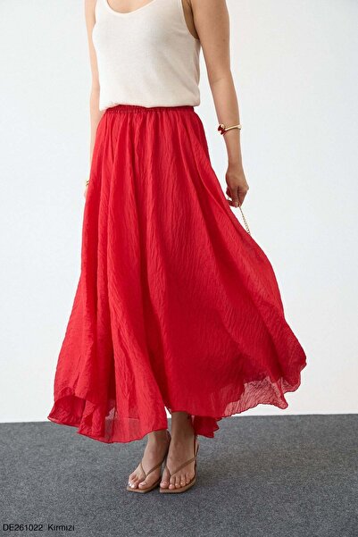 Moda Asrın Kırmızı Beli Lastikli Asimetrik Kesim Astarlı Etek