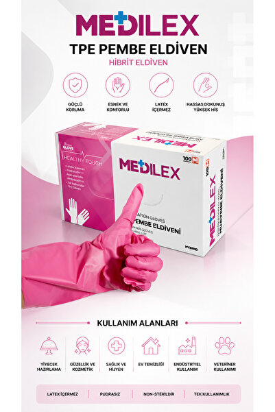 Medicalx Flex Tpe Hibrit Pudrasız Pembe Eldiven 100 Adet / S Beden