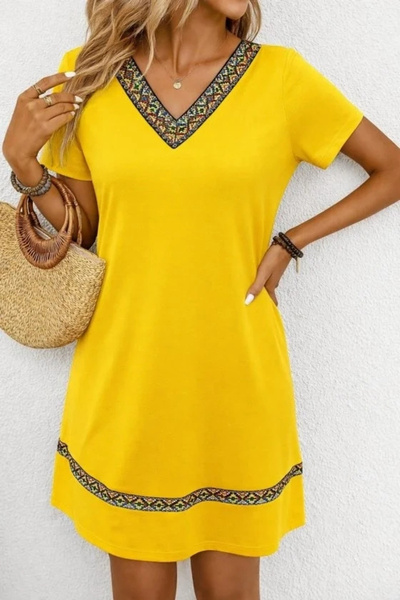 Generic Brand Women's Short Sleeve V-Neck Ethnic Pattern Stripe Detailed Visc...