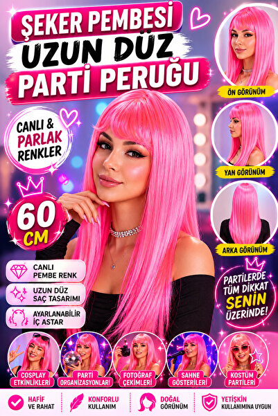 Tamsena Store Şeker Pembesi Koyu Pembe Uzun Düz Parti Peruğu 60 cm Cosplay Ko...