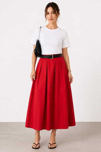 Zylen Women's High Waist Pleated Detailed Flared Midi Skirt