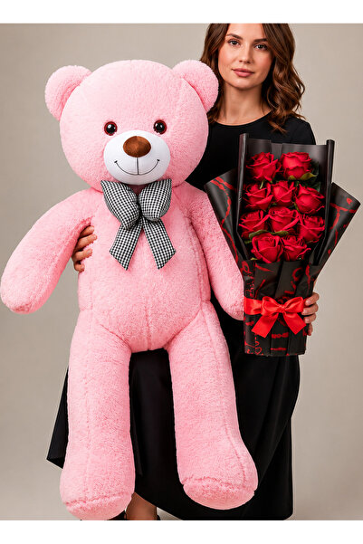 Linalux Gifts 90cm Pembe Büyük Peluş Ayıcık ve Kırmızı Gül Buketiyle Sevgiliy...