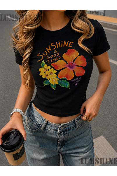 LUMSHİNE Tricou alb pentru femei, din Lycra, cu mânecă scurtă, cu imprimeu fl...