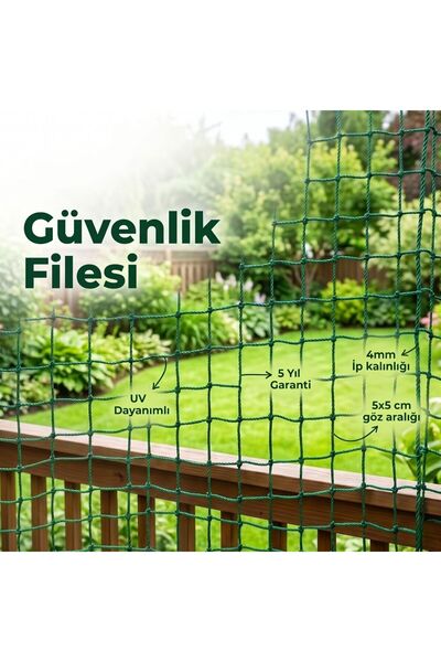 GüneyBey File Güvenlik Filesi | 1,5 x 7 Metre | Yeşil | 4 mm İp, 5x5 cm Göz A...