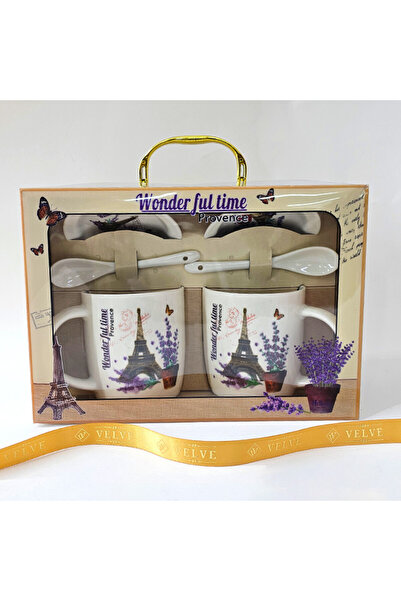 velve Set ceramic, doua cani imprimate cu Turnul Eiffel, 350ml, doua lingurit...