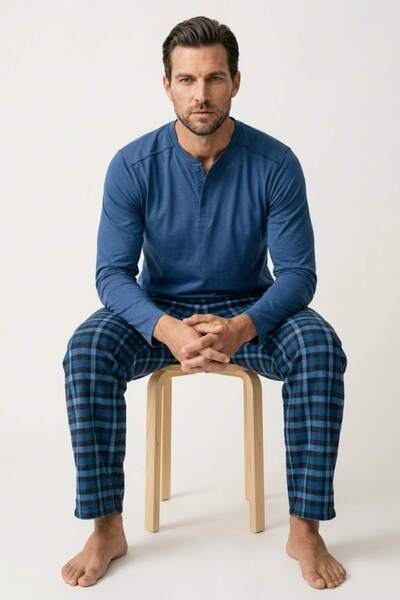 DAT Men's Pajama Set 100% Cotton Long Sleeve Henley Collar Buttoned Top Blue-...