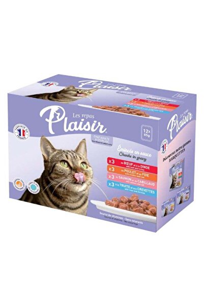 Plaisir Cats Pack of 12x85g 3x Beef and Turkey, 3x Chicken and Liver, 3x Salm...
