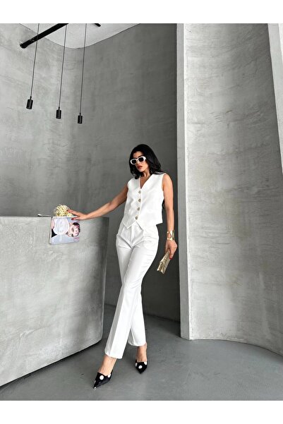 D'RECCY Vestă cu 4 nasturi pentru femei, pantaloni, costum elegant cu blazer