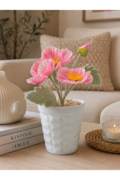 Lilac Home Yapay Çiçek Beyaz Saksı İçerisinde Toz Pembe Gelincik