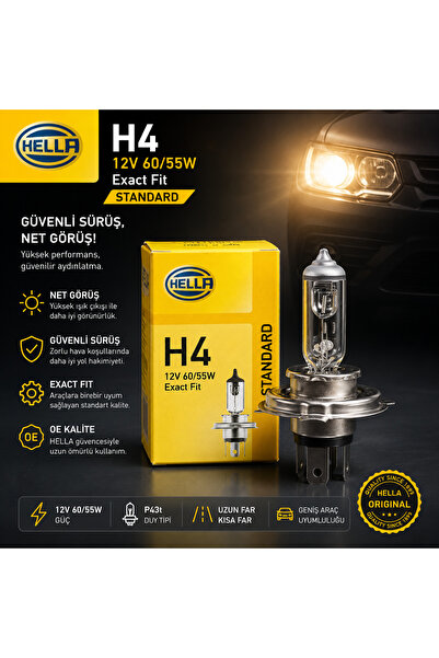 Hella H4 12V 60/55W Halojen Uzun Kısa Far Ampulü Orijinal Tekli