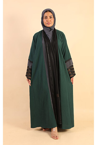 Stylish Fashion عباية من ستايلش فاشن لنن لف باللون الزيتي مزينة بتدخيلات على ...