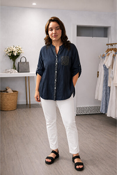 MARE BUTİK Sequin Detailed Judge Collar Cotton Shirt - Navy Blue
