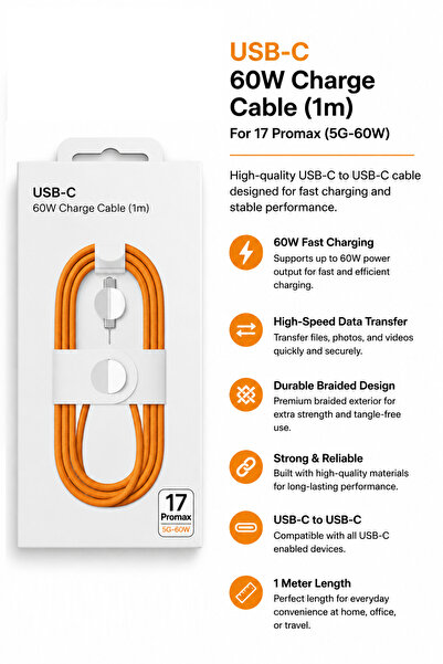 Generic Orange Braided USB-C to USB-C Fast Charging Cable | Type-C Charger Co...