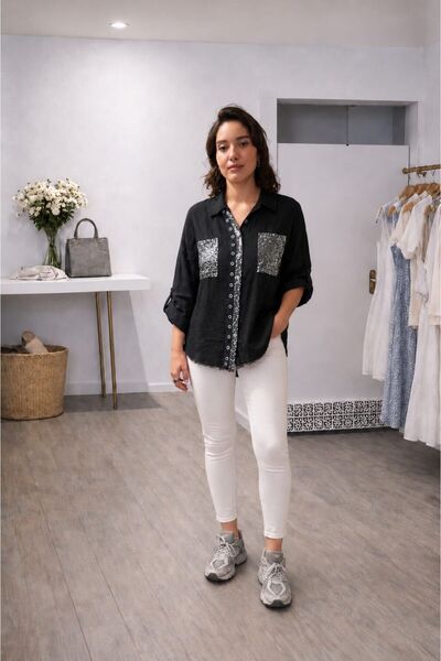 MARE BUTİK Sequin Pocket Pure Linen Shirt - Black