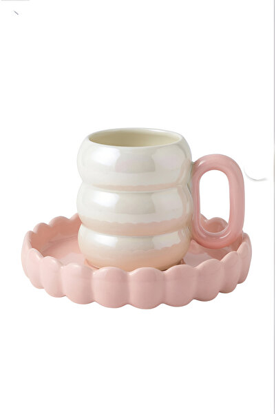 wafra store Chunky Cloud Design Ceramic Cup and Saucer Set - Pearl and Pink G...