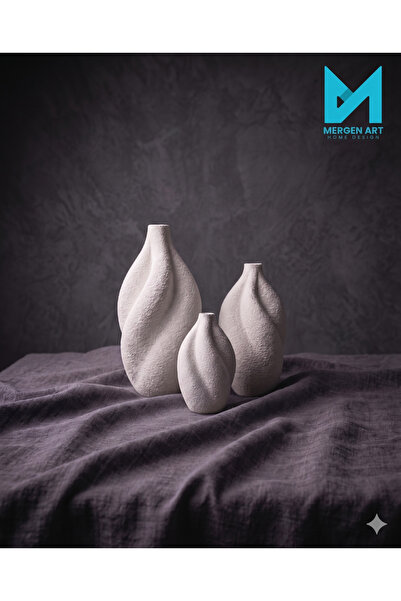 Mergen Art 3'lü Beyaz Dokulu Vazo Seti - Modern Burgu Tasarım Dekoratif Salon...