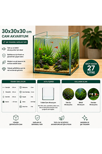 AquaCube 30x30x30 Cm Cam Akvaryum – 27 Litre