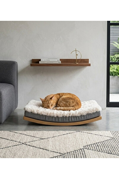 Premium Ahşap Kedi Yatağı - Tak Çıkar Peluşlu - Kaydırmaz Taban - İthal Pati Dostu Kumaş