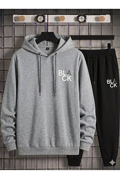 YK WEAR Black and Gray Hooded Black Printed Sweat Unisex Set